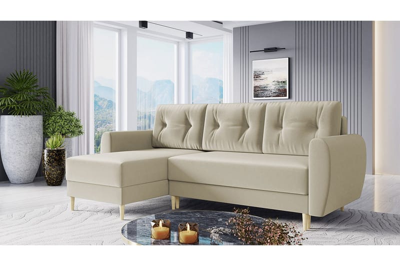Bornalle 3-personers L-formet Sovesofa 130x200 cm med Opbevaring i Fløjl - Hvid - Møbler - Sofaer - Sovesofaer - Sovesofa chaiselong