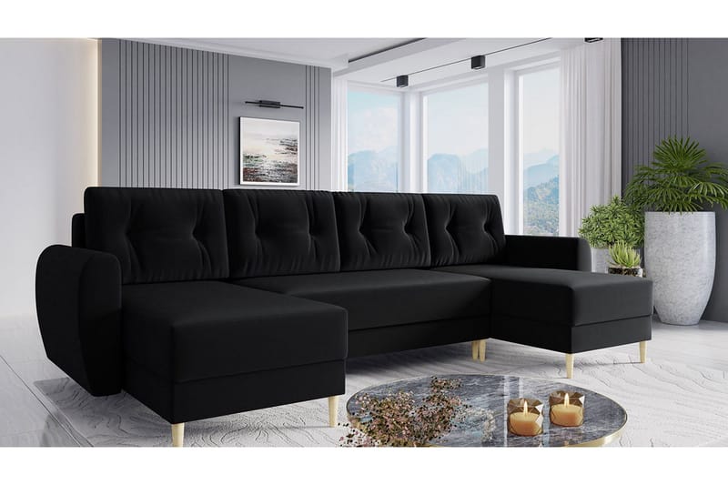 Bornalle 3-personers U-formet Sovesofa med Opbevaring i Plys - Sort - Møbler - Sofaer - Sovesofaer - Sovesofa chaiselong