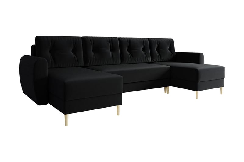 Bornalle 3-personers U-formet Sovesofa med Opbevaring i Plys, Sort