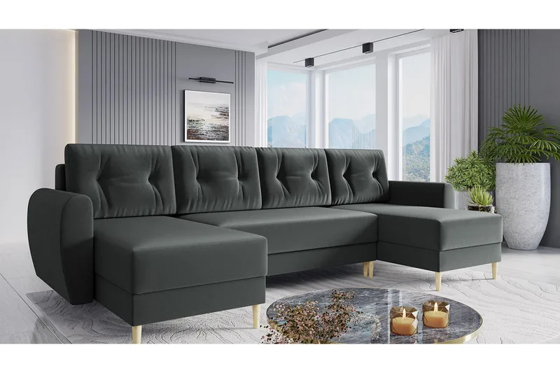 Bornalle 3-personers U-formet Sovesofa med Opbevaring i Plys - Grå - Møbler - Sofaer - Sovesofaer - Sovesofa chaiselong