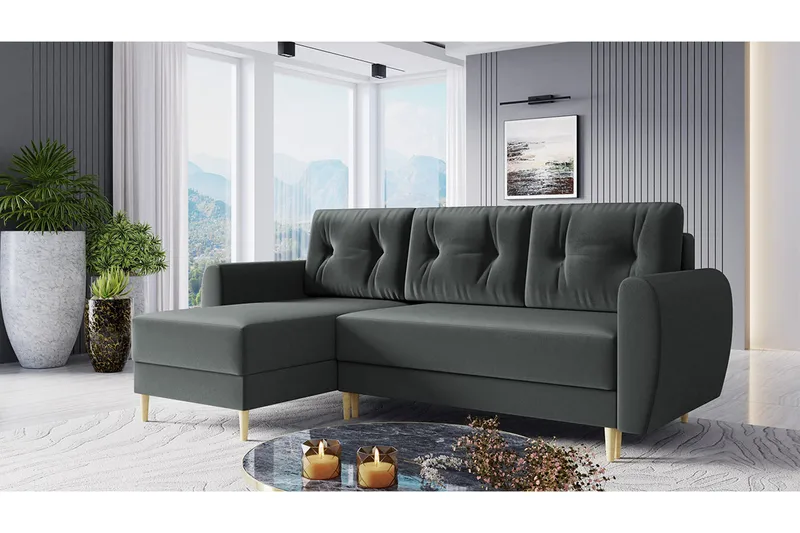 Bornalle 3-personers L-formet Sovesofa 130x200 cm med Opbevaring i Fløjl - Grå - Møbler - Sofaer - Sovesofaer - Sovesofa chaiselong