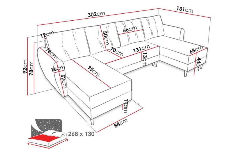Bornalle 3-personers U-formet Sovesofa med Opbevaring i Plys - Grå - Møbler - Sofaer - Sovesofaer - Sovesofa chaiselong