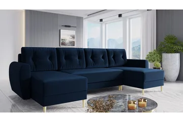 Bornalle 4-personers U-formet Sovesofa med Opbevaring og Knapdetaljer i Fløjl - Blå - Møbler - Sofaer - Sovesofaer - Sovesofa chaiselong