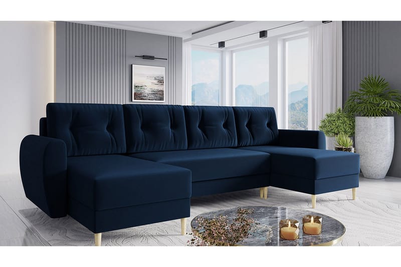 Bornalle 4-personers U-formet Sovesofa med Opbevaring og Knapdetaljer i Fløjl - Blå - Møbler - Sofaer - Sovesofaer - Sovesofa chaiselong