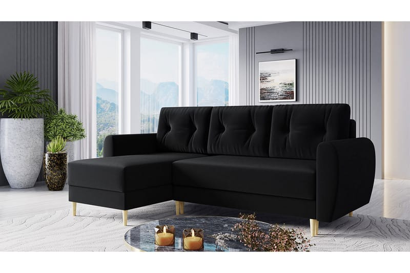 Bornalle Sovesofa - Sort - Sovesofaer - Velour sofaer - U sovesofa - Sovesofa chaiselong