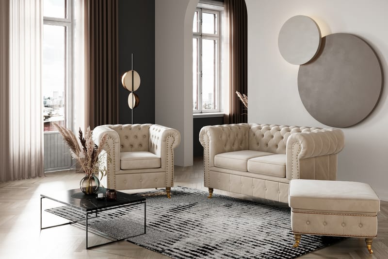 Chesterfield Deluxe Veloursofa 2-pers - Beige - 2 personers sofa - Chesterfield sofaer - Velour sofaer