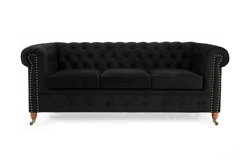 Chesterfield Deluxe Veloursofa 3-pers - Sort - Chesterfield sofaer - 3 personers sofa - Velour sofaer