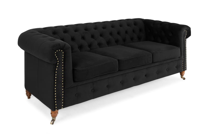 Chesterfield Deluxe Veloursofa 3-pers - Sort - Chesterfield sofaer - 3 personers sofa - Velour sofaer