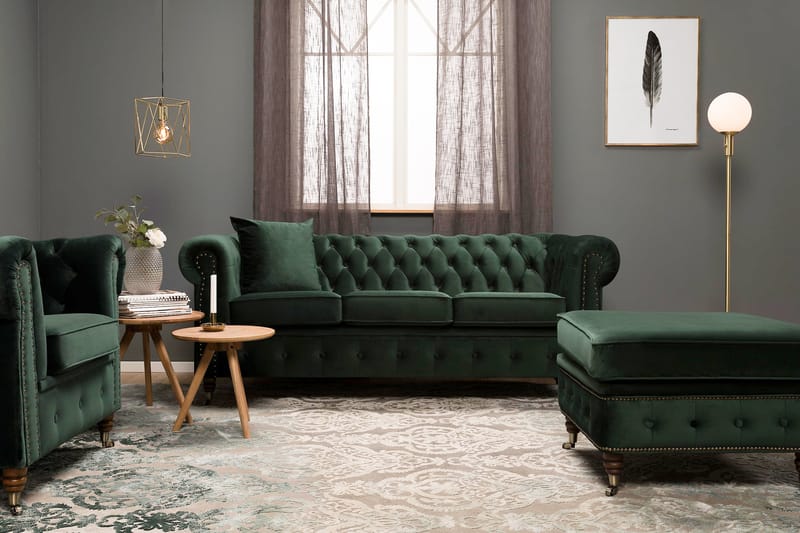 Chesterfield Deluxe Veloursofa 4-pers - Mørkegrøn - Chesterfield sofaer - 4 personers sofa - Velour sofaer
