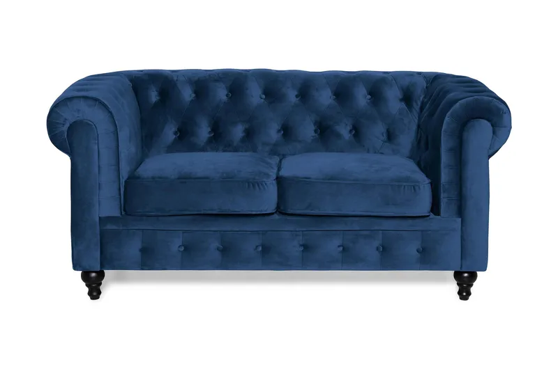 Chesterfield Lyx 2-sædet Lille fløjlsofa – Dyb sofa 160 cm bred, Blå Velour