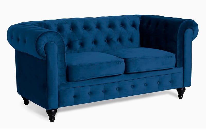 Chesterfield Lyx 2-sædet Lille fløjlsofa – Dyb sofa 160 cm bred - Blå Velour - Møbler - Sofaer - Velour sofaer
