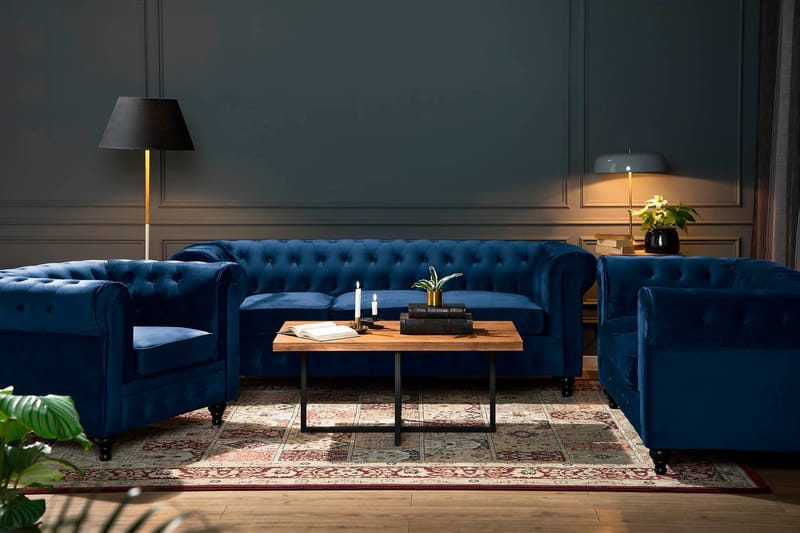 Chesterfield Lyx 2-sædet Lille fløjlsofa – Dyb sofa 160 cm bred - Blå Velour - Møbler - Sofaer - Velour sofaer