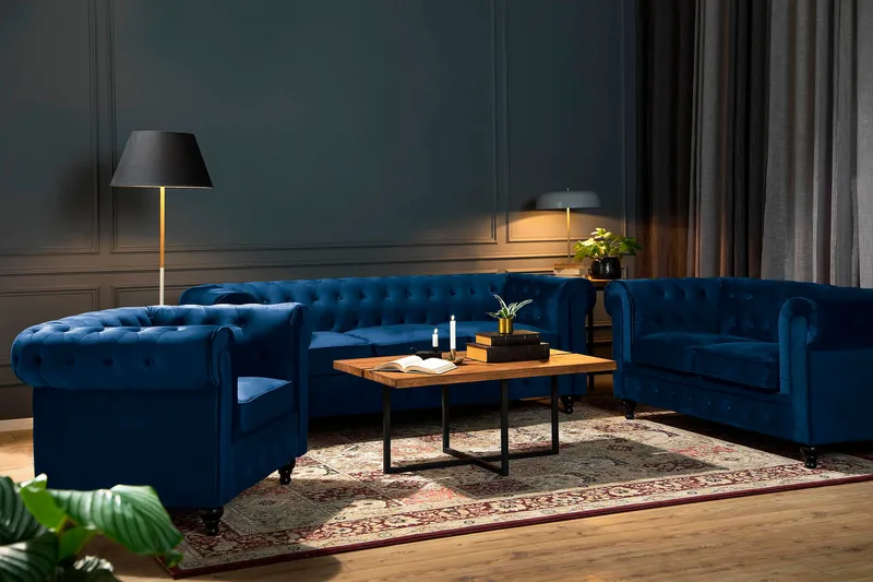 Chesterfield Lyx 2-sædet Lille fløjlsofa – Dyb sofa 160 cm bred - Blå - Møbler - Sofaer - Velour sofaer