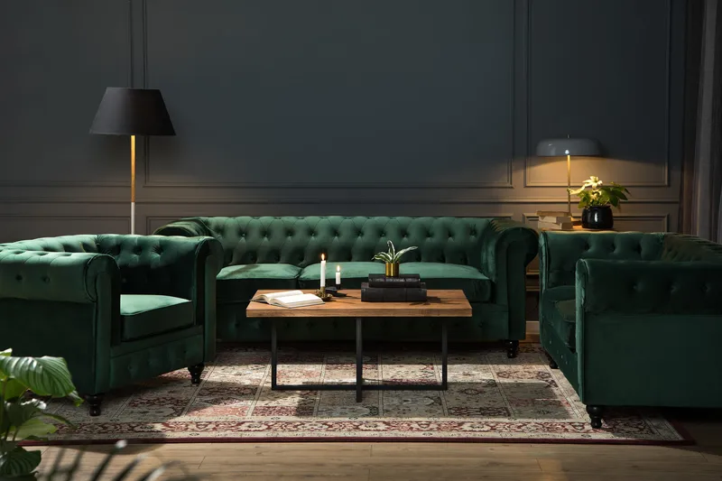 Chesterfield Lyx 2-sædet Lille fløjlsofa – Dyb sofa 160 cm bred - Grøn - Møbler - Sofaer - Velour sofaer