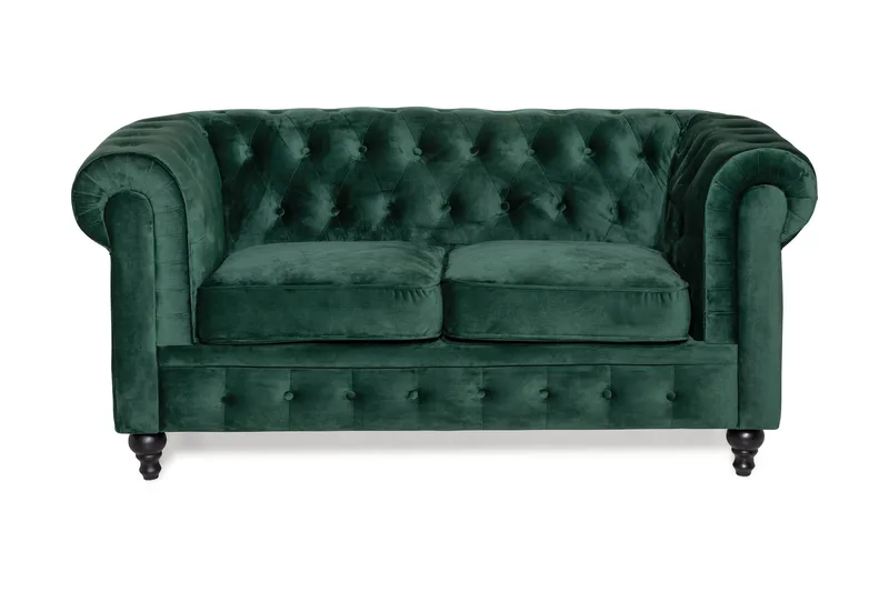 Chesterfield Lyx 2-sædet Lille fløjlsofa – Dyb sofa 160 cm bred, Mørkegrøn
