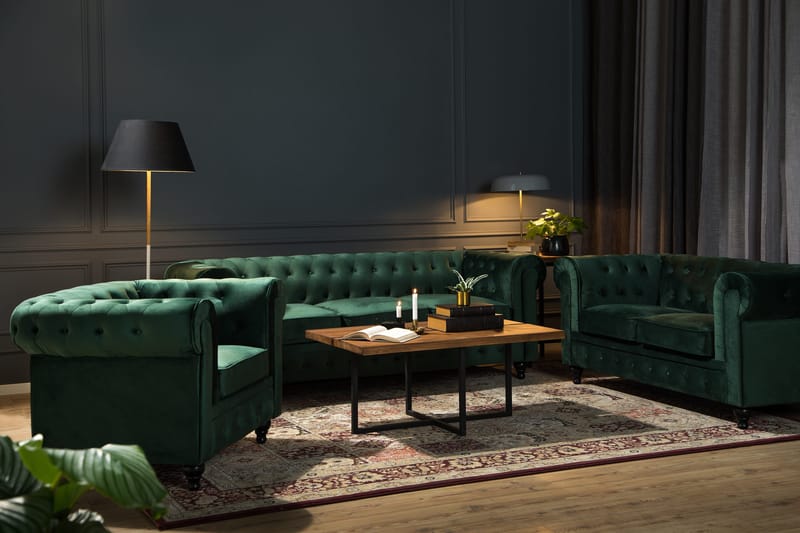 Chesterfield Lyx 2-sædet Lille fløjlsofa – Dyb sofa 160 cm bred - Mørkegrøn - Møbler - Sofaer - Velour sofaer