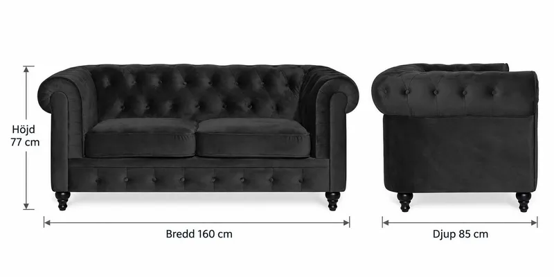 Chesterfield Lyx 2-sædet Lille fløjlsofa – Dyb sofa 160 cm bred - Sort - Møbler - Sofaer - Velour sofaer