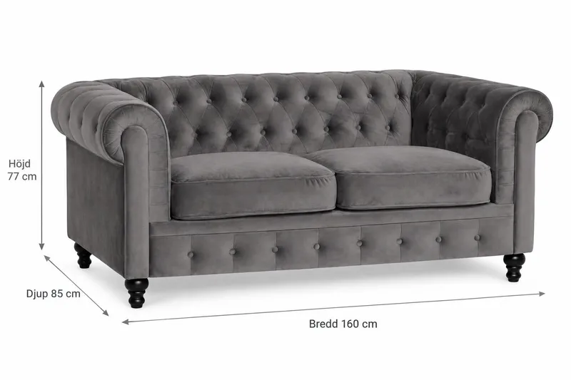 Chesterfield Lyx 2-sædet Lille Fløjlssofa – Dyb sofa 160 cm bred - Mørkegrå - Møbler - Sofaer - Velour sofaer