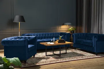 Chesterfield Lyx 3-sædet Fløjlssofa – Dyb sofa - Blå - Møbler - Sofaer - Velour sofaer