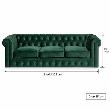 Chesterfield Lyx 3-sædet Fløjlssofa – Dyb sofa - Grøn - Møbler - Sofaer - Velour sofaer