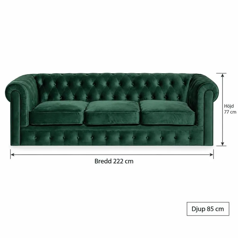 Chesterfield Lyx 3-sædet Fløjlssofa – Dyb sofa - Grøn - Møbler - Sofaer - Velour sofaer