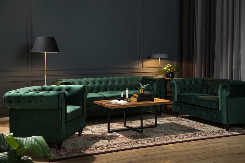 Chesterfield Lyx 3-sædet Fløjlssofa – Dyb sofa - Grøn - Møbler - Sofaer - Velour sofaer