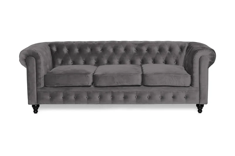 Chesterfield Lyx 3-sædet Fløjlssofa – Dyb sofa, Mørkegrå