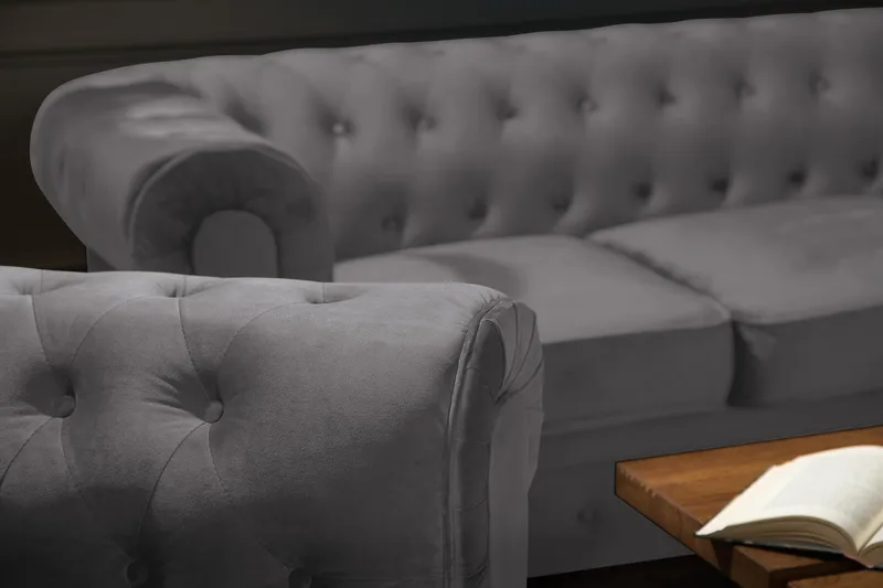 Chesterfield Lyx 3-sædet Fløjlssofa – Dyb sofa - Mørkegrå - Møbler - Sofaer - Velour sofaer