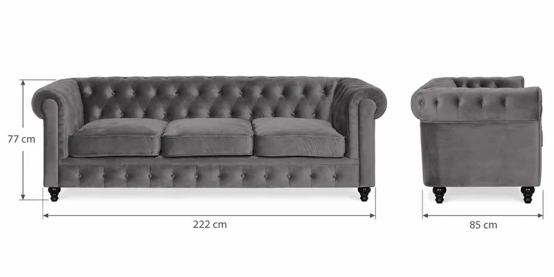 Chesterfield Lyx 3-sædet Fløjlssofa – Dyb sofa - Mørkegrå - Møbler - Sofaer - Velour sofaer