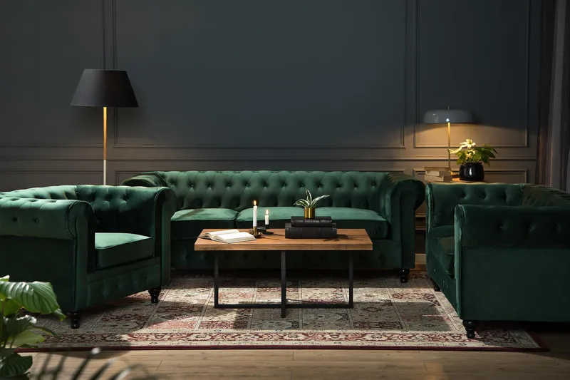 Chesterfield Lyx 3-sædet Fløjlssofa – Dyb sofa - Mørkegrøn - Møbler - Sofaer - Velour sofaer