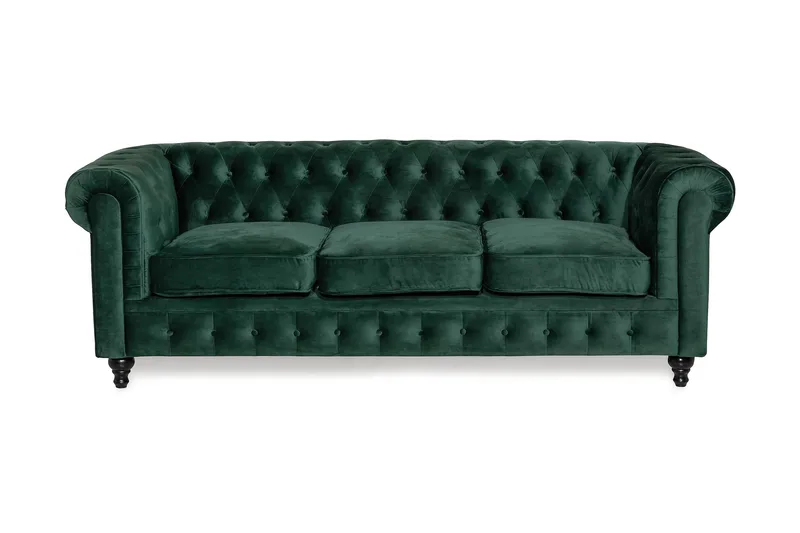 Chesterfield Lyx 3-sædet Fløjlssofa – Dyb sofa, Mørkegrøn
