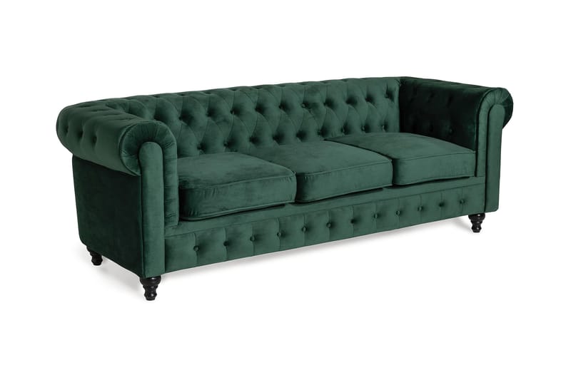 Chesterfield Lyx 3-sædet Fløjlssofa – Dyb sofa - Mørkegrøn - Møbler - Sofaer - Velour sofaer