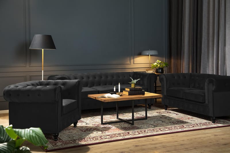 Chesterfield Lyx 3-sædet Fløjlssofa – Dyb sofa - Sort - Møbler - Sofaer - Velour sofaer