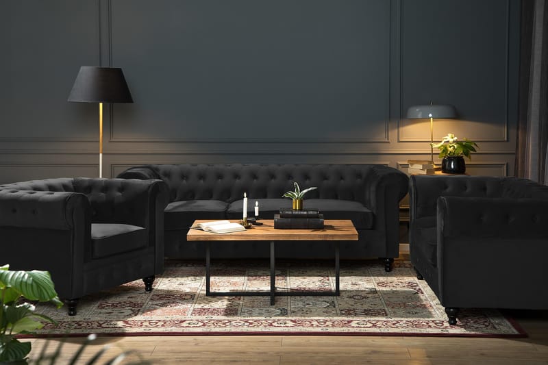 Chesterfield Lyx 3-sædet Fløjlssofa – Dyb sofa - Sort - Møbler - Sofaer - Velour sofaer