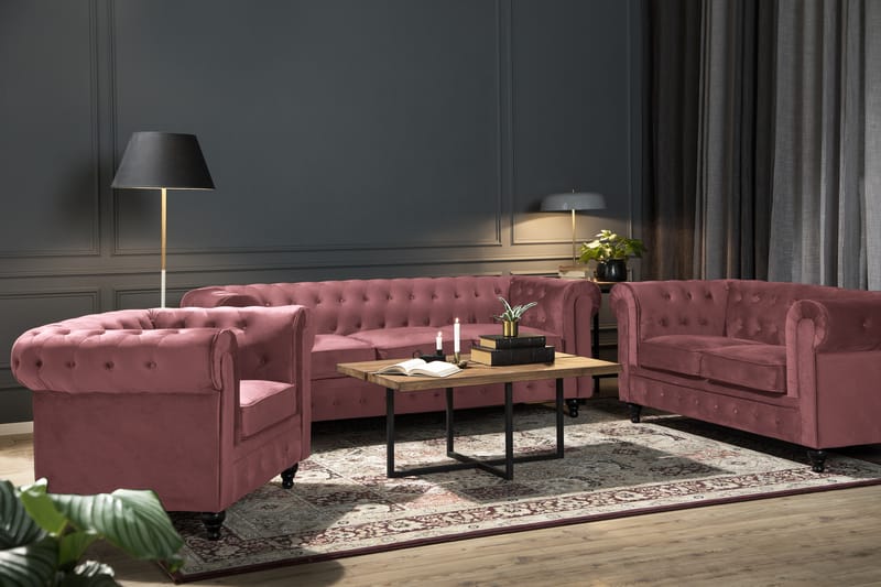 Chesterfield Lyx Veloursofa 2-pers - Rustlyserød - 2 personers sofa - Chesterfield sofaer - Velour sofaer