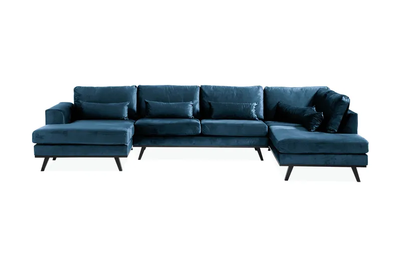 Copenhagen 5-personers Højrevendt U-formet Sofa med Divan og Chaiselong i Fløjl, Blå