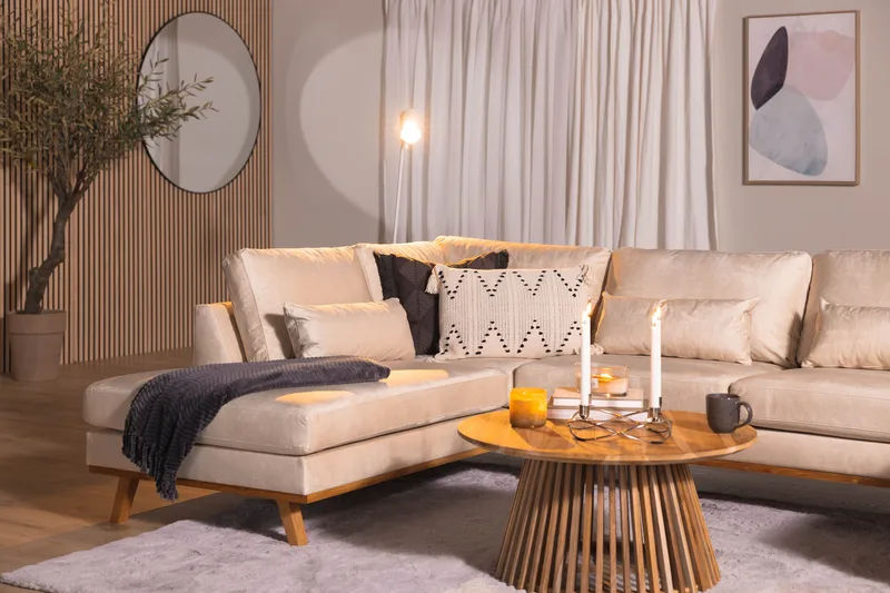 Copenhagen 5-personers Venstrevendt U-formet Sofa med Divan og Chaiselong i Fløjl - Beige - Møbler - Sofaer - Velour sofaer