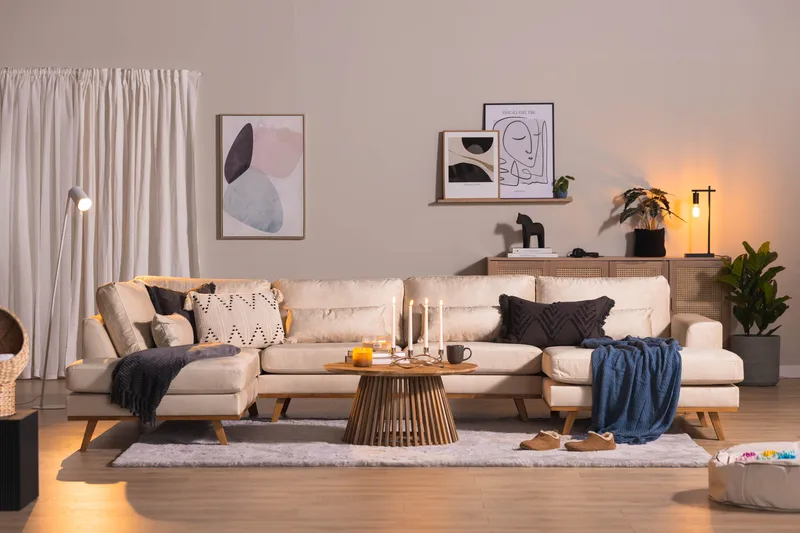 Copenhagen 5-personers Venstrevendt U-formet Sofa med Divan og Chaiselong i Fløjl - Beige - Møbler - Sofaer - Velour sofaer