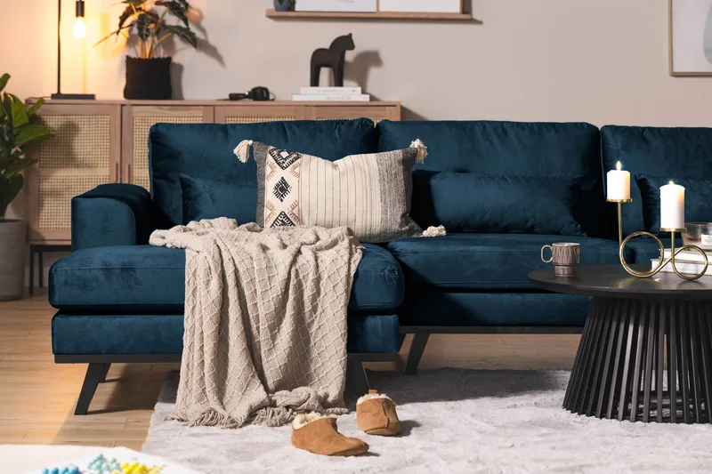 Copenhagen 5-personers Højrevendt U-formet Sofa med Divan og Chaiselong i Fløjl - Blå - Møbler - Sofaer - Velour sofaer