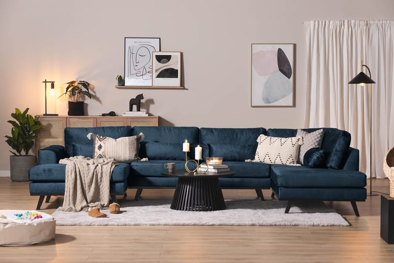 Copenhagen 5-personers Højrevendt U-formet Sofa med Divan og Chaiselong i Fløjl - Blå - Møbler - Sofaer - Velour sofaer