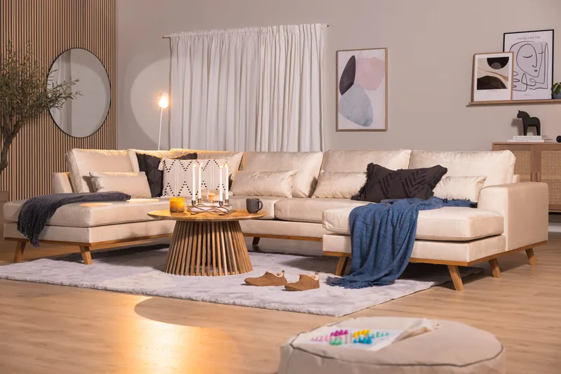 Copenhagen 5-personers Venstrevendt U-formet Sofa med Divan og Chaiselong i Fløjl - Beige - Møbler - Sofaer - Velour sofaer