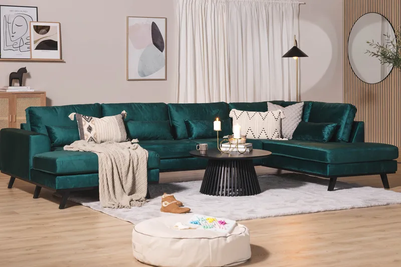 Copenhagen 5-personers Højrevendt U-formet Sofa med Divan og Chaiselong i Fløjl - Grøn - Møbler - Sofaer - Velour sofaer