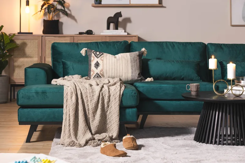 Copenhagen 5-personers Højrevendt U-formet Sofa med Divan og Chaiselong i Fløjl - Grøn - Møbler - Sofaer - Velour sofaer