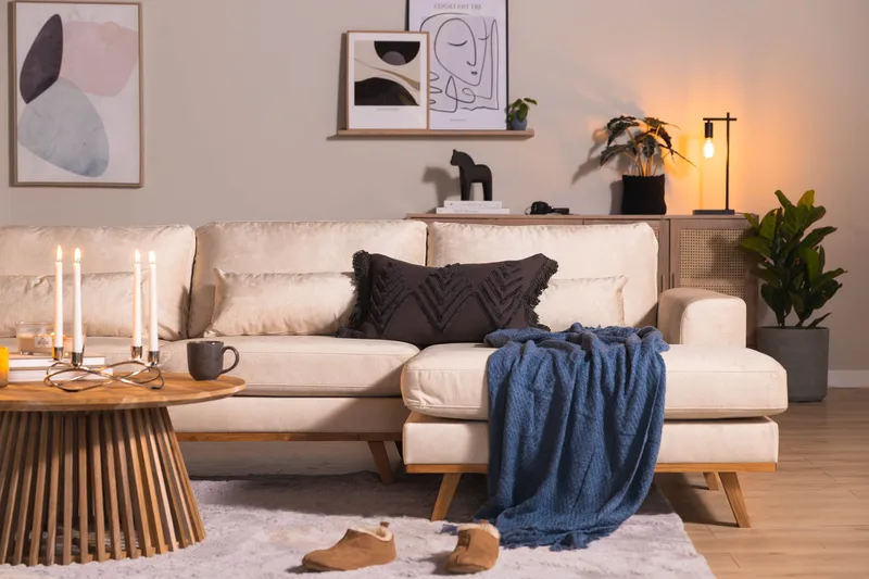 Copenhagen 5-personers Venstrevendt U-formet Sofa med Divan og Chaiselong i Fløjl - Beige - Møbler - Sofaer - Velour sofaer