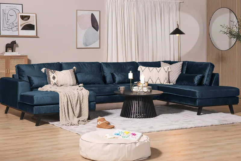 Copenhagen 5-personers Højrevendt U-formet Sofa med Divan og Chaiselong i Fløjl - Blå - Møbler - Sofaer - Velour sofaer