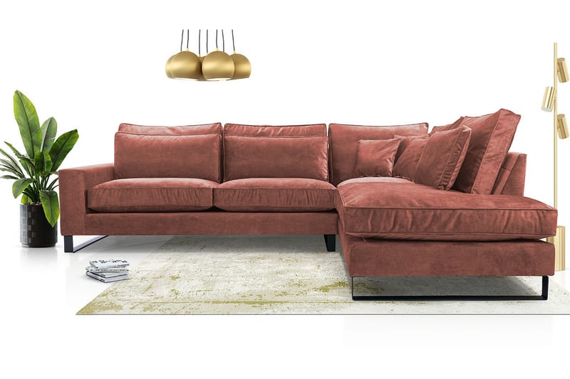 Corblack 3-personers hjørnesofa - velour/lyserød - Sofa med chaiselong - Velour sofaer - 3 personers sofa med chaiselong