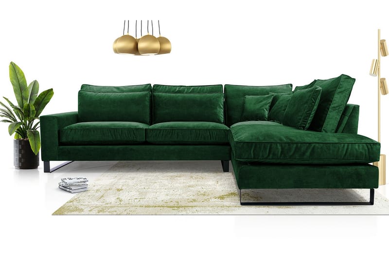 Corblack 3-personers hjørnesofa - Fløjl / Grøn - Sofa med chaiselong - Velour sofaer - 3 personers sofa med chaiselong
