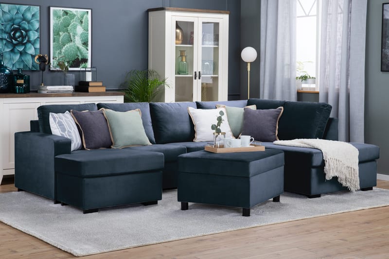 Crazy 4-personers Højrevendt U-formet Large Sofa med Chaiselong i Fløjl - Blå - Møbler - Sofaer - U Sofa