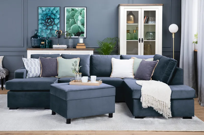 Crazy 4-personers Højrevendt U-formet Large Sofa med Chaiselong i Fløjl - Blå - Møbler - Sofaer - U Sofa