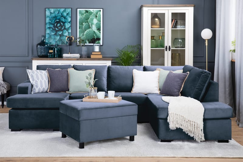 Crazy 4-personers Højrevendt U-formet Large Sofa med Chaiselong i Fløjl - Blå - Møbler - Sofaer - U Sofa